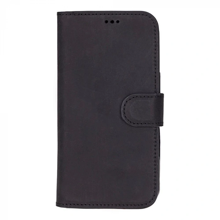 Apple iPhone 16 Pro uyumlu, Hakiki Deri, El Yapımı, Cüzdanlı Kılıf, Mat Siyah