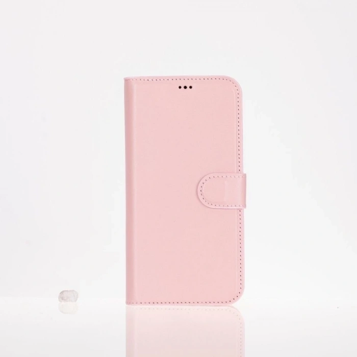 Apple iPhone 16 Pro uyumlu, Hakiki Deri, El Yapımı, Cüzdanlı Kılıf, Toz Pembe