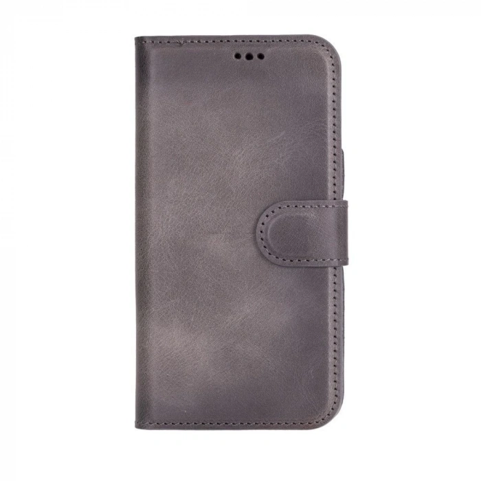 Apple iPhone 16 uyumlu, Hakiki Deri, El Yapımı, Cüzdanlı Kılıf, Gölgeli Gri