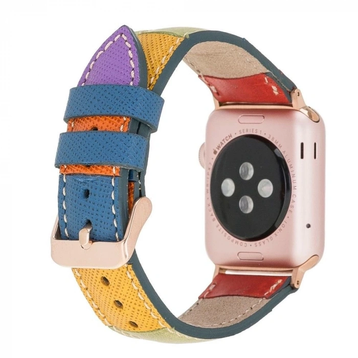 Apple Watch Uyumlu Deri Kordon 42-44-45mm Gökkuşağı