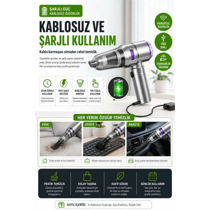 Araç Ev Ofis Uyumlu El Tipi Şarjlı Süpürge Ve Basınçlı Hava Üfleme Cihazı