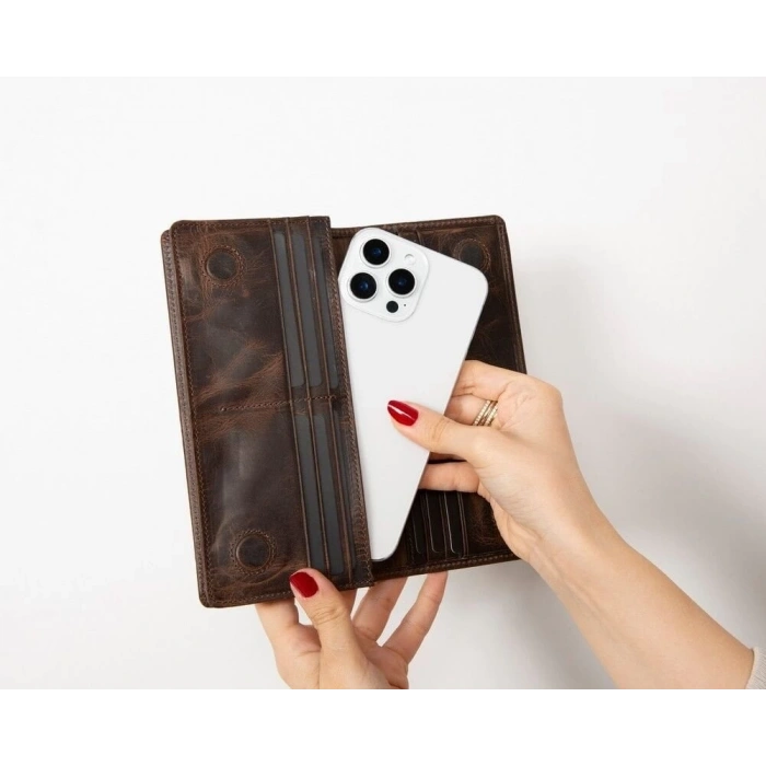 Aura Hakiki Deri, El Yapımı, Telefon Bölmeli, Kadın Cüzdanı, Koyu Kahve