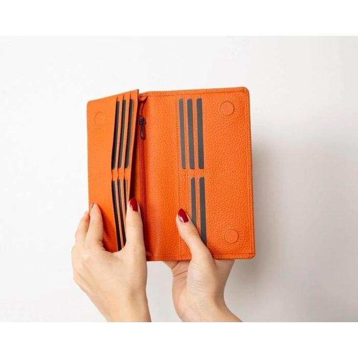 Aura Hakiki Deri, El Yapımı, Telefon Bölmeli, Kadın Cüzdanı, Portakal Renk