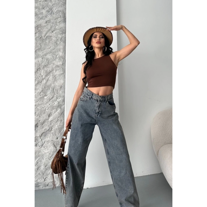 Baggy kar yıkama eskitme kahve jeans pantolon d2007