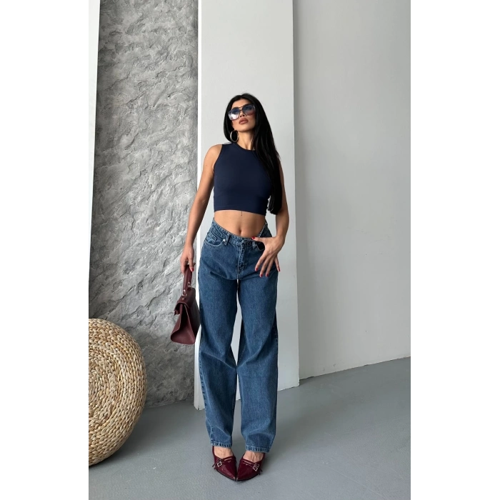 Baggy kar yıkama jeans pantolon koyu mavi d2007