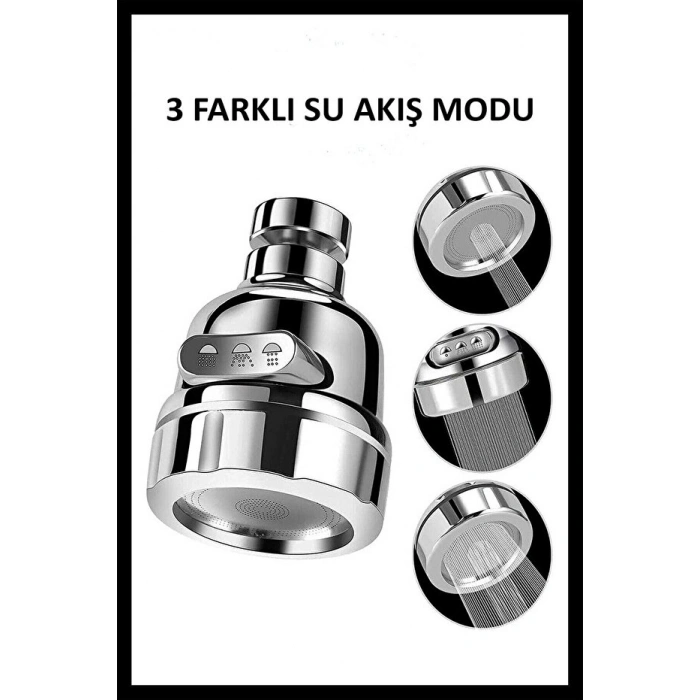 Basınçlı ve Sıçramasız 3 Modlu 360° Döner Krom Musluk Başlığı Evye Lavabo ve Çeşme Batarya Ucu