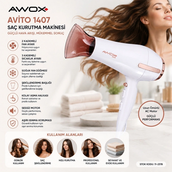 BEYAZ AVİTO SAÇ KURUTMA MAKİNESİ 2200W 1407 (5047)