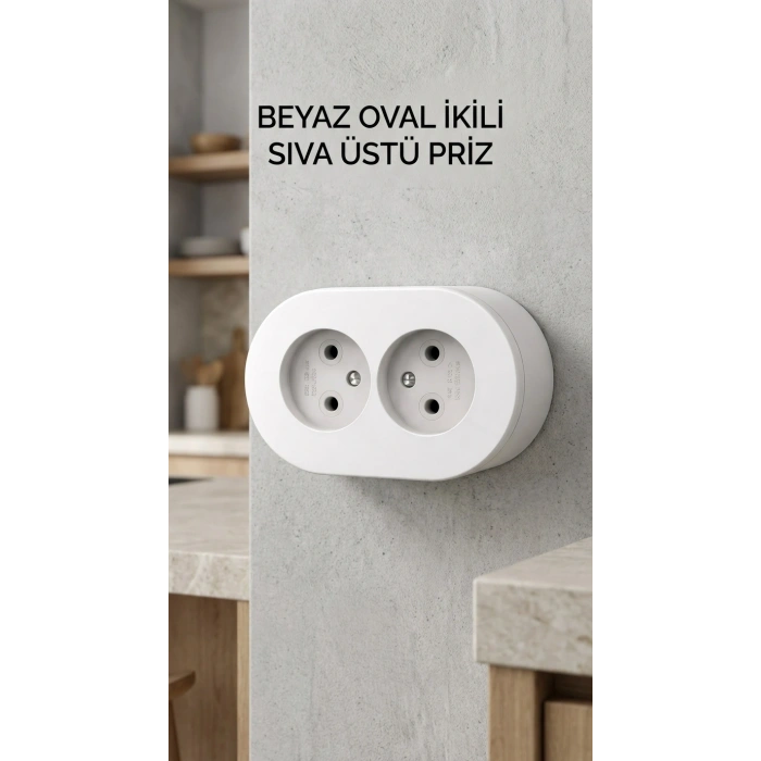Beyaz Çift Girişli Topraklı Sıva Üstü Elektrik Prizi, Modern Tasarım