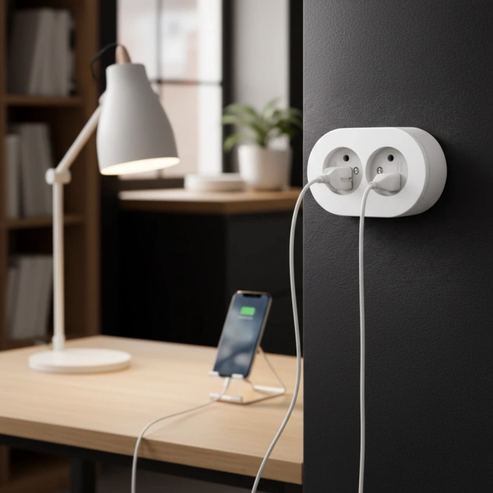 Beyaz Çift Girişli Topraklı Sıva Üstü Elektrik Prizi, Modern Tasarım