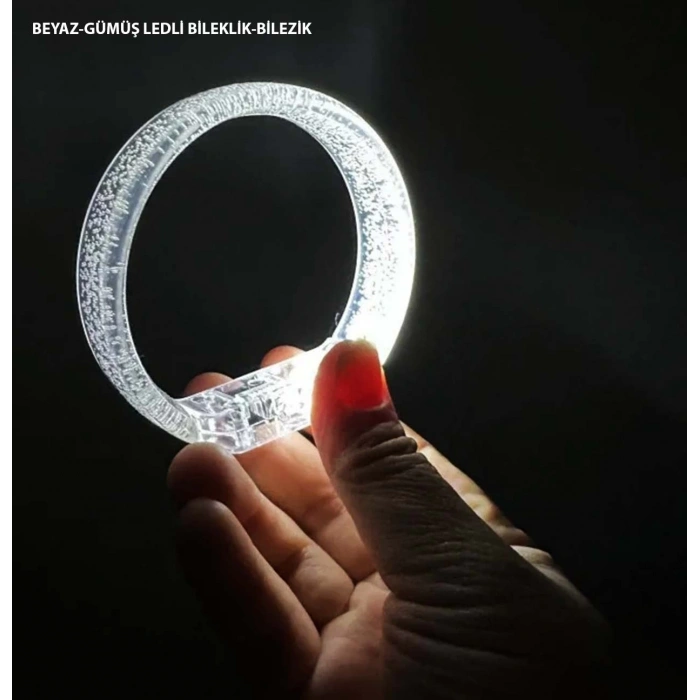 Beyaz-gümüş Led Işıklı Baskı Yapılabilen Pilli Bileklik Bilezik 1,5 Cm Genişlik