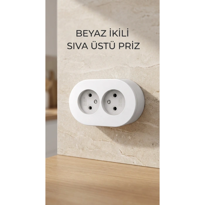 Beyaz İkili Sıva Üstü Dekoratif Topraklı Elektrik Prizi