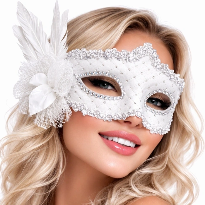 Beyaz Tüylü Venedik Lüks Balo Maskesi