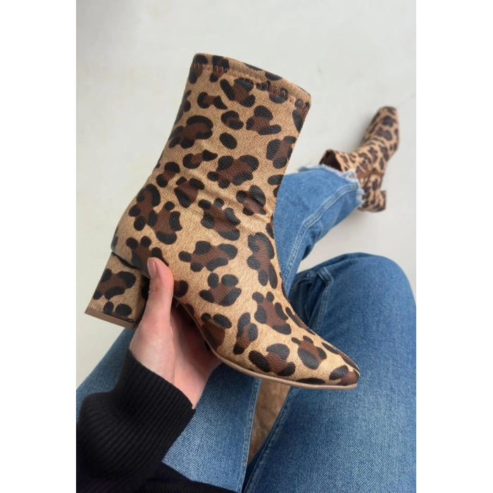 Birta Leopar Cilt Streç Topuklu Bot