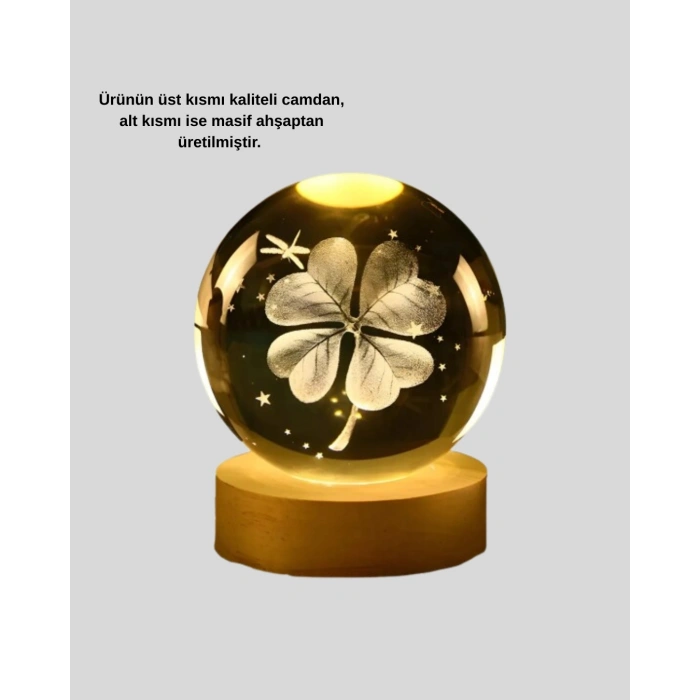 Bitki Temalı LED Işıklı Cam Küre Ahşap Standlı Modern Gece Lambası