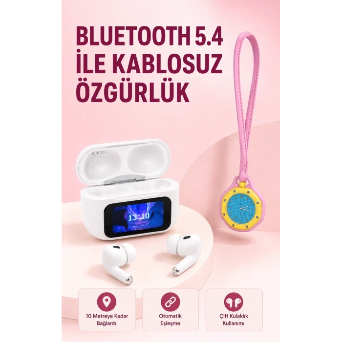 Bluetooth 5.4 Kablosuz Kulaklık Pembe Askılı Analog Charm Saat İkili Set