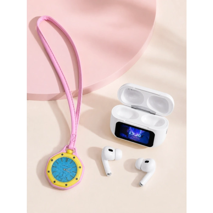 Bluetooth 5.4 Kablosuz Kulaklık Pembe Askılı Analog Charm Saat İkili Set