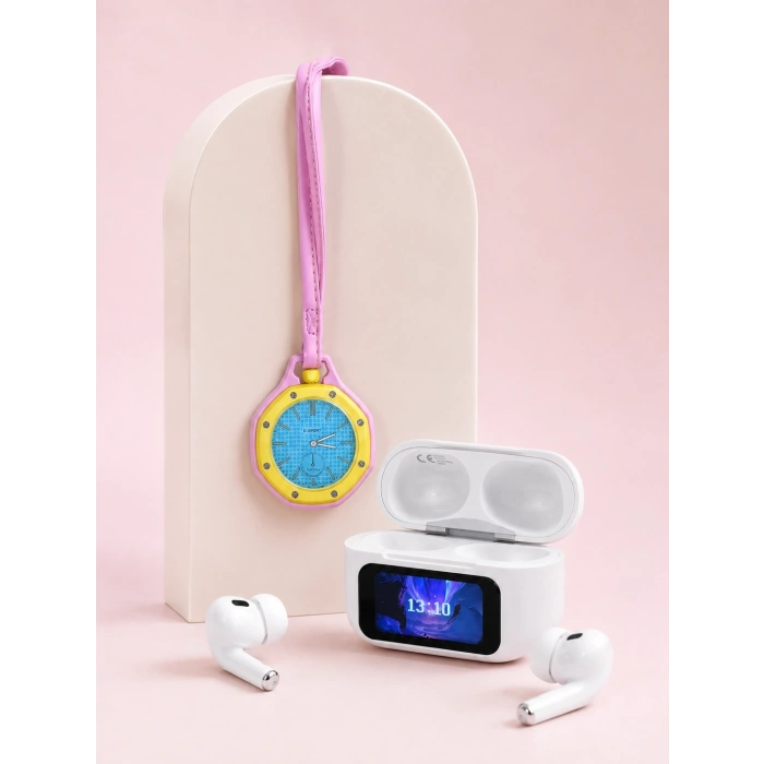Bluetooth 5.4 Kablosuz Kulaklık Pembe Askılı Analog Charm Saat İkili Set