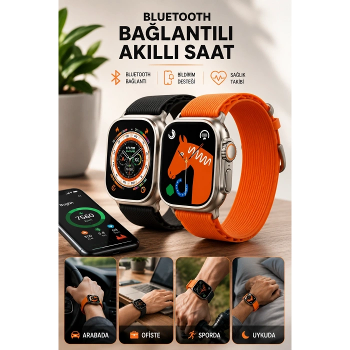 Bluetooth Bağlantılı 49MM Dokunmatik Akıllı Saat Sağlık ve Spor Takip Özellikli