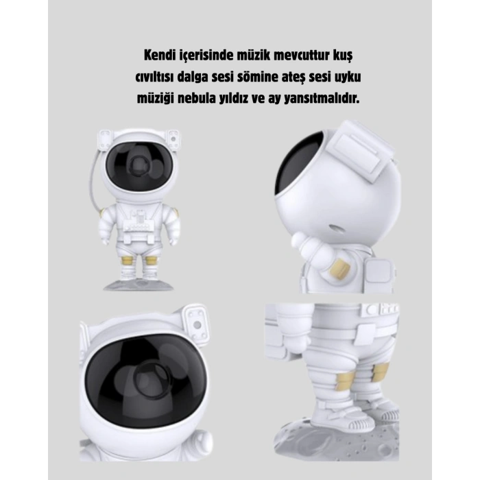 Bluetooth Müzikli Astronot Projeksiyon Lambası Yıldız ve Ay Efektli