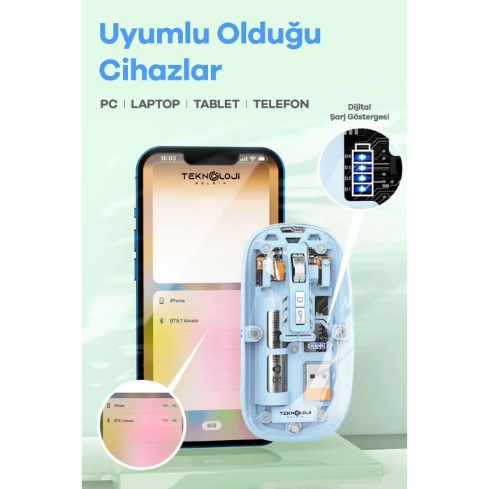 Bluetooth USB Çift Modlu Sessiz Mouse, Şeffaf Mıknatıslı Kapaklı, Type-C Şarjlı, DPI Ayarlı, Kablosuz 10m Çekim Mesafeli, Masaüstü Kısayol Tuşlu, Taşınabilir Şarjlı Mouse Siyah