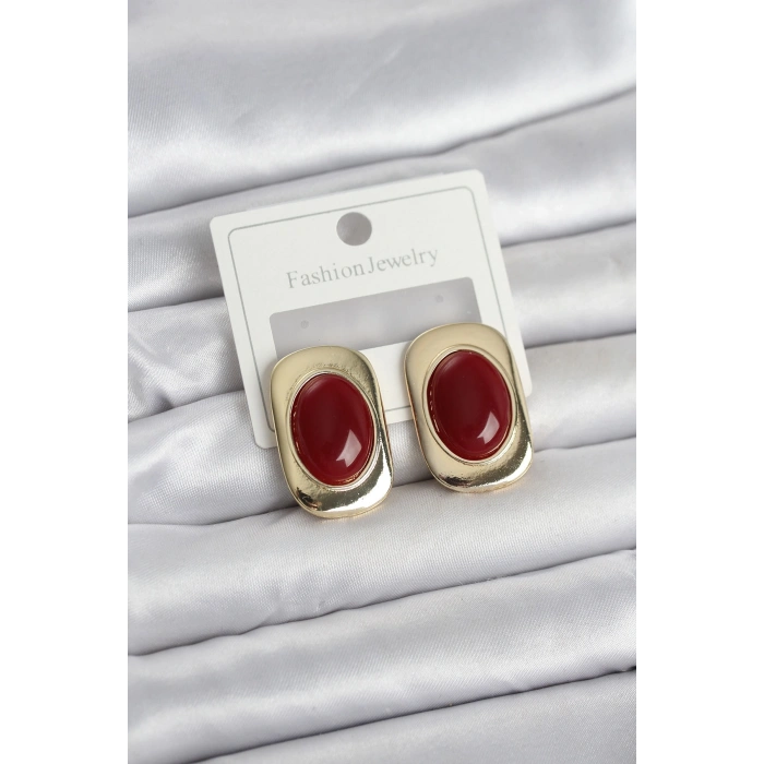 Bordo Renk Kare Model Vintage Kadın Küpe
