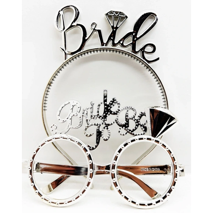 Bride Yazılı Taç ve Bride To Be Yazılı Gözlük Seti Gümüş Renk (5047)