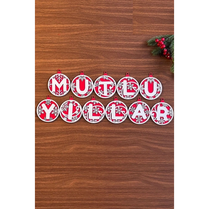 BUFFER® 11 Harfli Kırmızı Beyaz İpli MUTLU YILLAR Yazılı Ahşap Yılbaşı Ağaç Süsü
