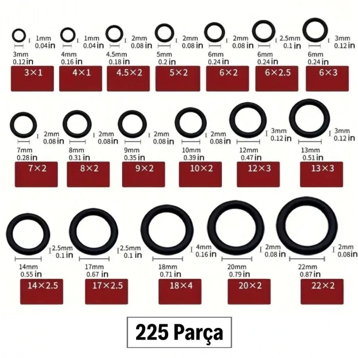 BUFFER® 225 Parça Kauçuk Conta Seti ,Kendiliğinden Saklama Kutulu O Halkası Seti