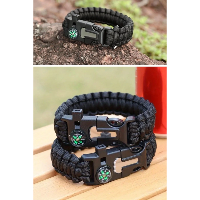 BUFFER® 5i 1 Arada Çok Fonksiyonlu Hayatta Kalma Bilekliği Pusula, Düdük, Çakmak Taşı ve Şemsiye İpi Bileklik