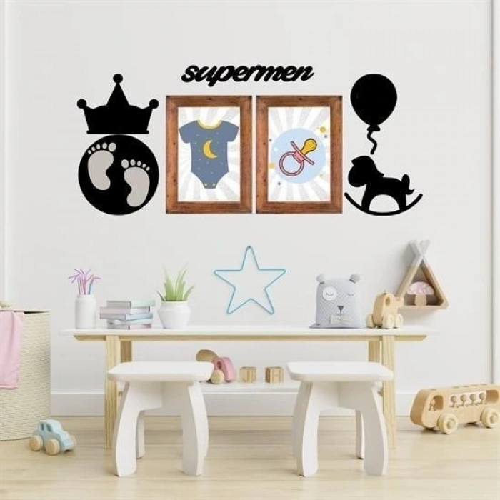 BUFFER® DECO103 Supermen Dekoratif Duvar Süsü Tablo Aksesuar Ahşap Tasarım Hediye Pano Sticker Seti