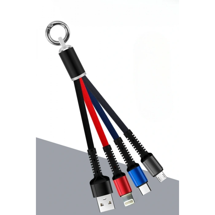 BUFFER® Işıklı Anahtarlık Model 3 in 1 USB Çıkışlı MİKRO,TYPE-C ve İphone Uyumlu Şarj Kablosu