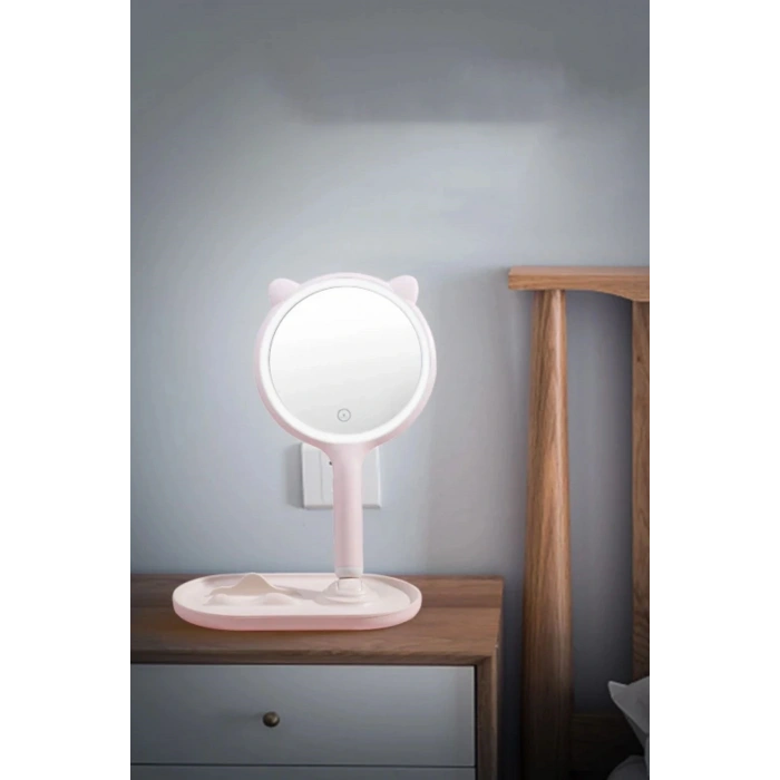 BUFFER® Kedi Kulaklı Telefon Standlı Yuvarlak Dokunmatik Led Ayarlı Masa Üstü Makyaj Aynası