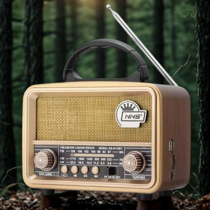 BUFFER® Orta  Boy Retro, Nostaljik, Ahşap Tasarım Bluetooth Hoparlörlü, Şarjlı, Taşınabilir FM/AM Destekli Radyo NS-8110