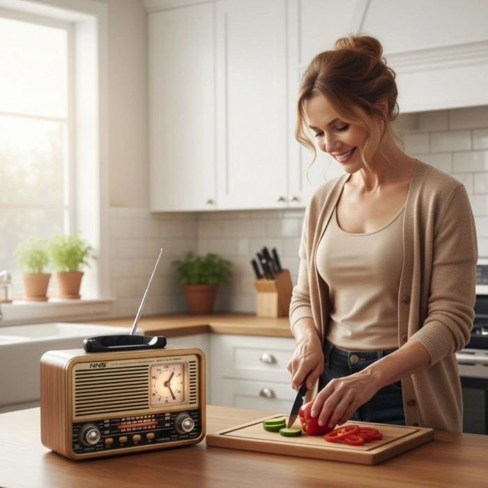 BUFFER® Orta Boy Saat Göstergeli Retro Ahşap Tasarım Bluetooth Hoparlörlü Radyo – FM/AM Destekli, Şarjlı ve Taşınabilir Radyo NS-8898