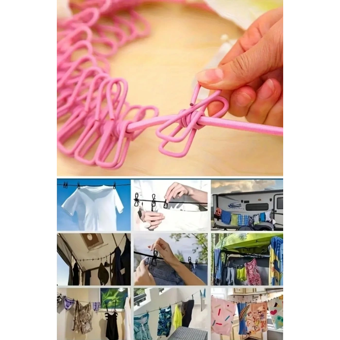 BUFFER® Taşınabilir Seyahat Çamaşır İpi 12 Mandallı Klipsli Lastikli Çamaşır Mandalları