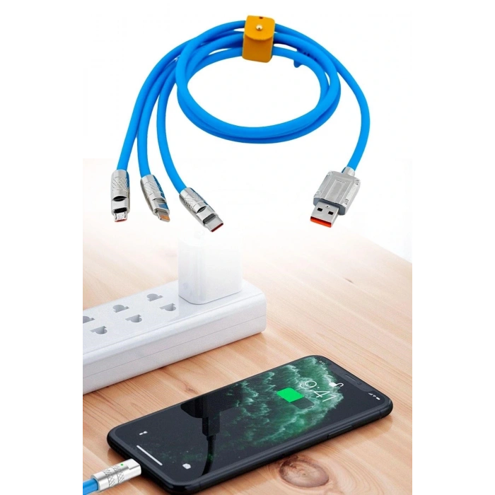 BUFFER®Kutulu  3 Şarj Aleti 1 Arada Çinko Alaşım Hızlı Şarj Kablosu Mavi 3 in 1