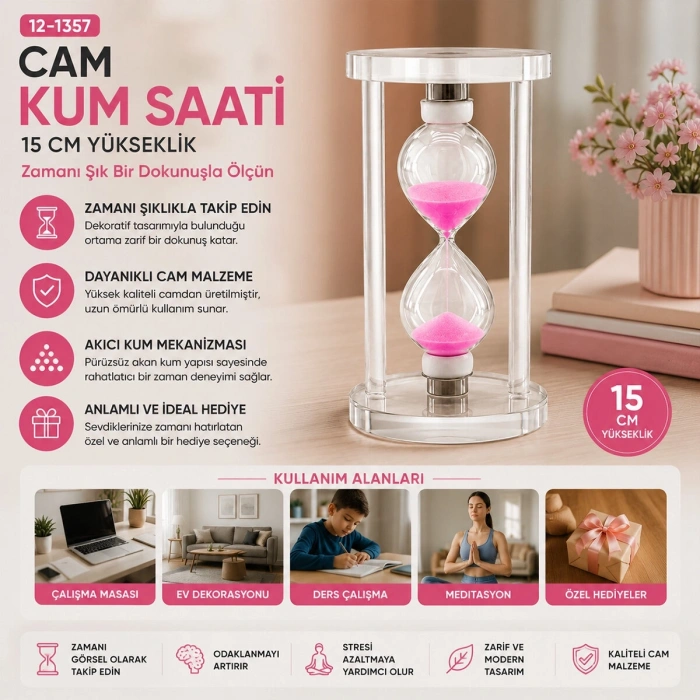 BÜYÜK CAM KUM SAATİ CAM STANDLI= ÇAP: 7.5CM-YÜKSEKLİK: 15CM (5047)