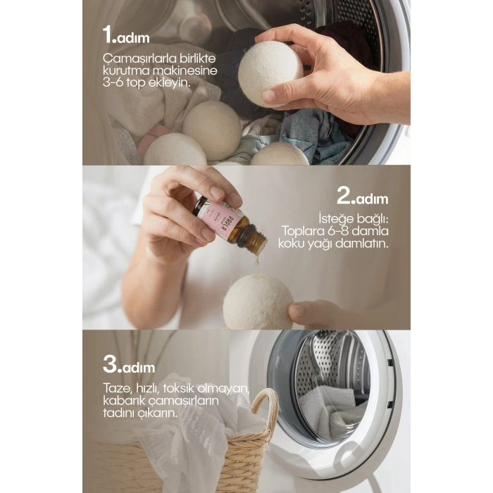 Çamaşır Yün Kurutma Topu ve Koku Seti - Kurutma Makinesi İçin - 3 Adet Top