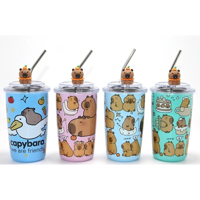 Capybara Figürlü Isı Muhafazalı Metal Pipetli Paslanmaz Çelik Kupa
