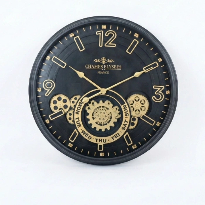 Çarklı Duvar Saati Altın Rengi Detaylı 59 cm