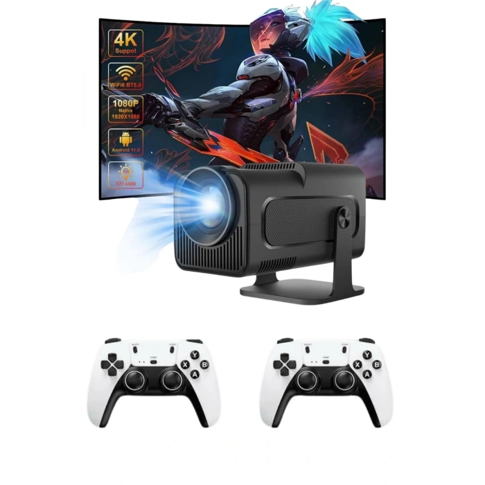 Çift Kollu Game Box Projeksiyon Cihazı Kumandalı Android Tv Dahili Hoparlör