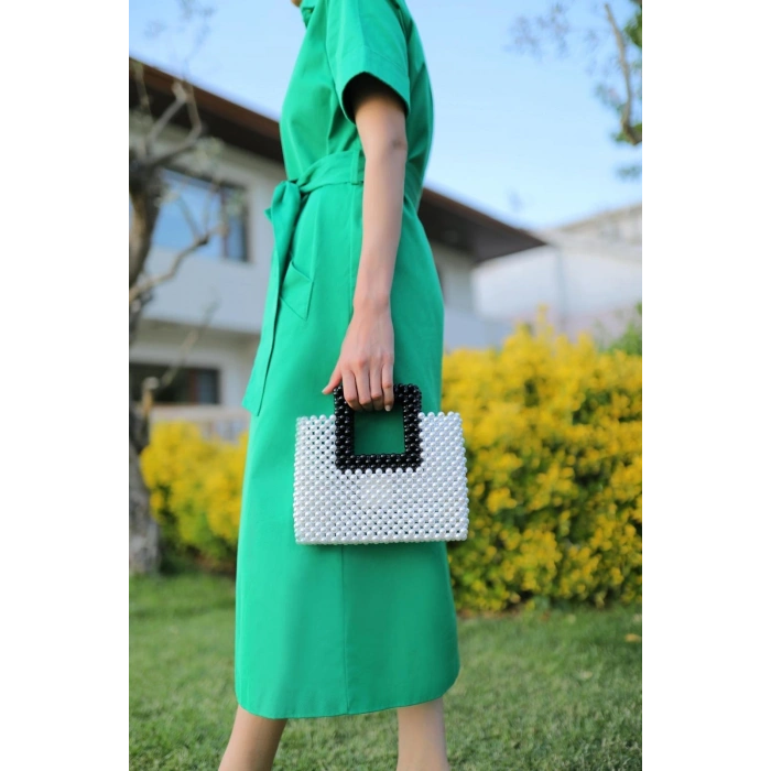 Çift renkli inci el yapımı çanta beyaz