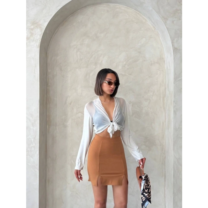 Çift yırtmaçlı etek camel s25910