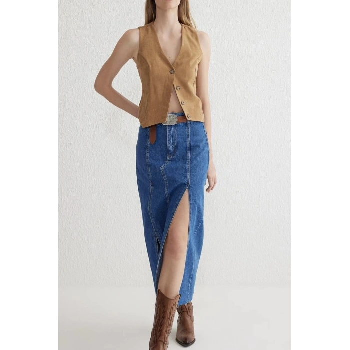 Çift yırtmaçlı jean etek s140