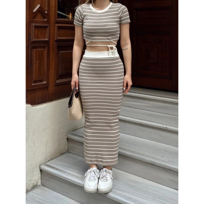 Çizgili etekli takım vizon s3609