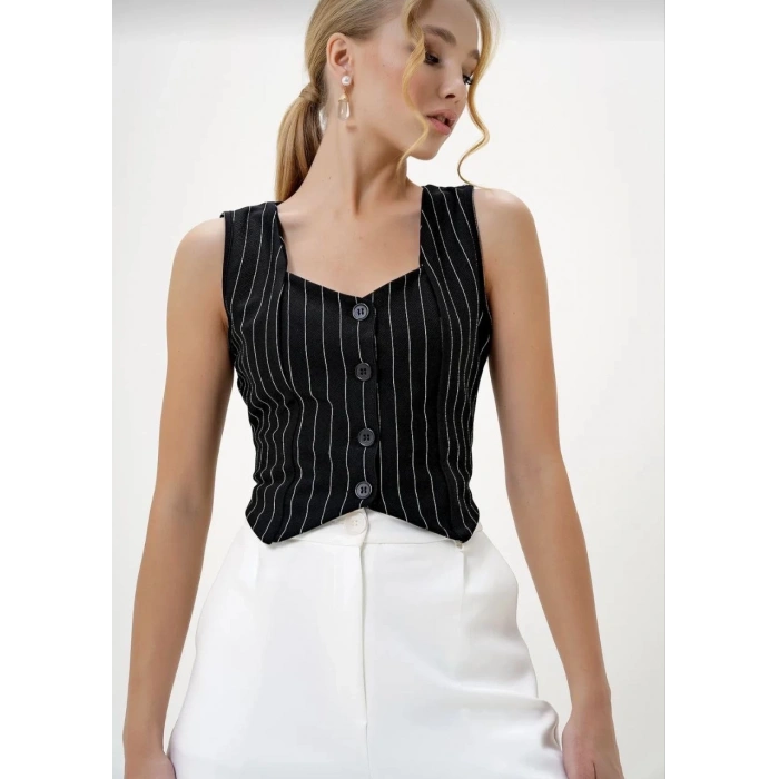 Çizgili krep düğmeli yelek siyah s3395