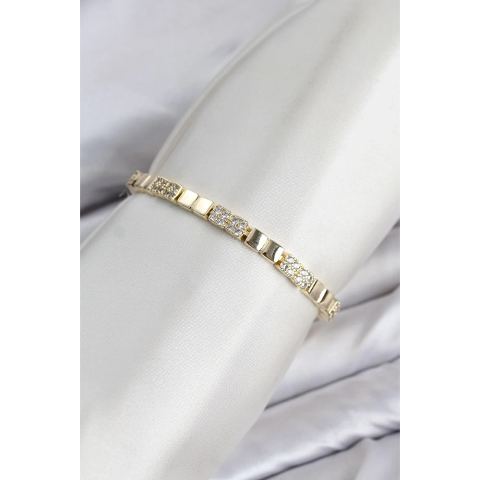 CM Kare Model Zirkon Taşlı VIP Seri Gold Renk Pirinç Kadın Bileklik