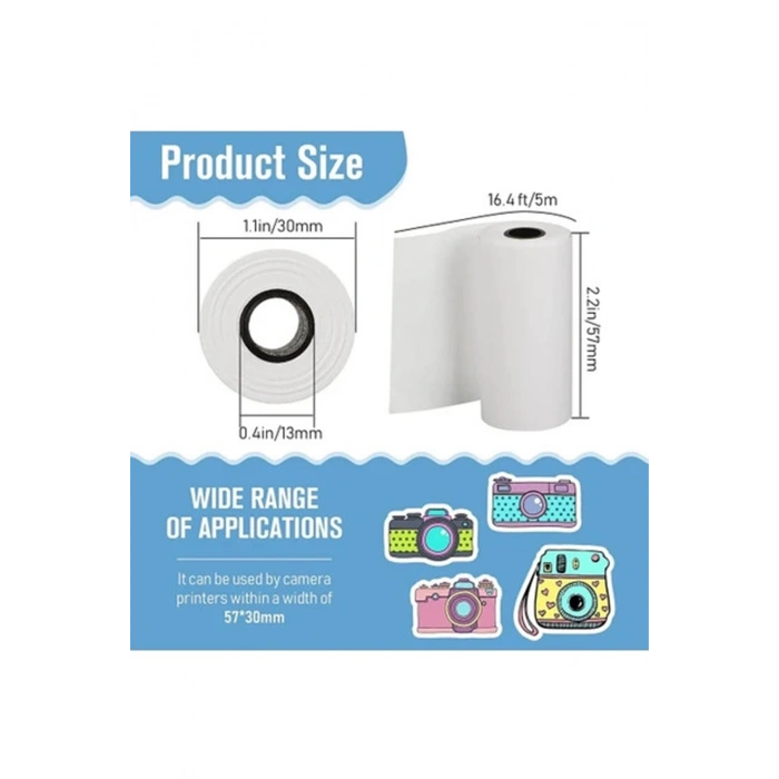 Çocuk Kamera Baskı Kağıdı, 5’li Rulo 57x25mm Çekirdekli Fotoğraf Baskı Termal Kağıt Rulo