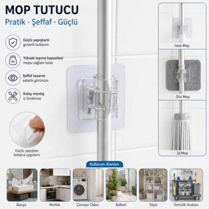 Çok Amaçlı Kıskaçlı Yapışkanlı Kablo ve Mop Tutucu