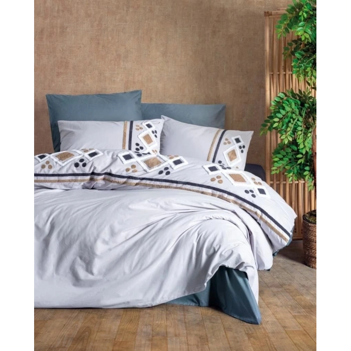 Cotton Box Puff Nakışlı Ranforce Çift Kişilik Nevresim Takımı Stesso Mavi